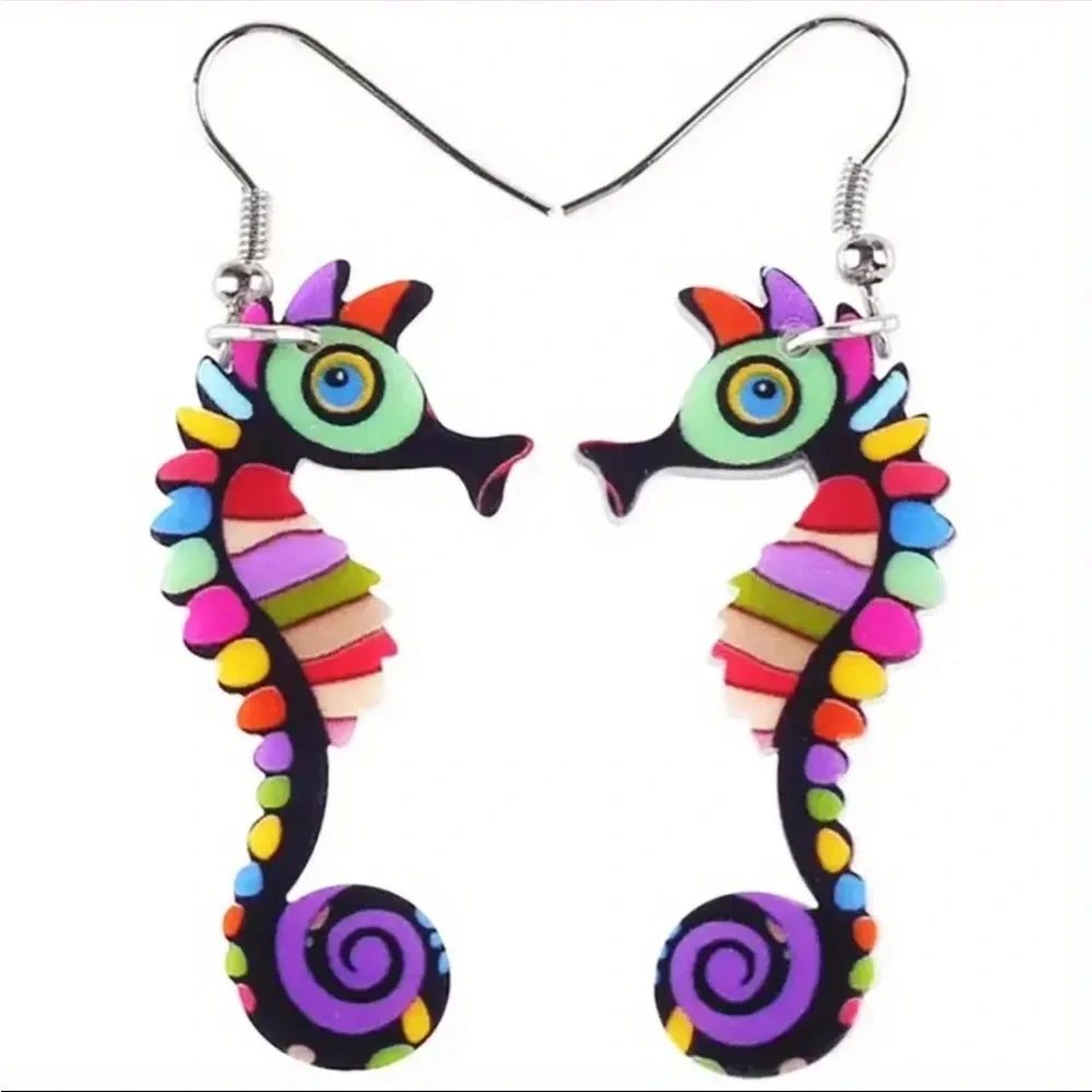 Cute Colorful Seahorse Design Dangle Earrings Bohemian Ocean Style‎ Acrylic